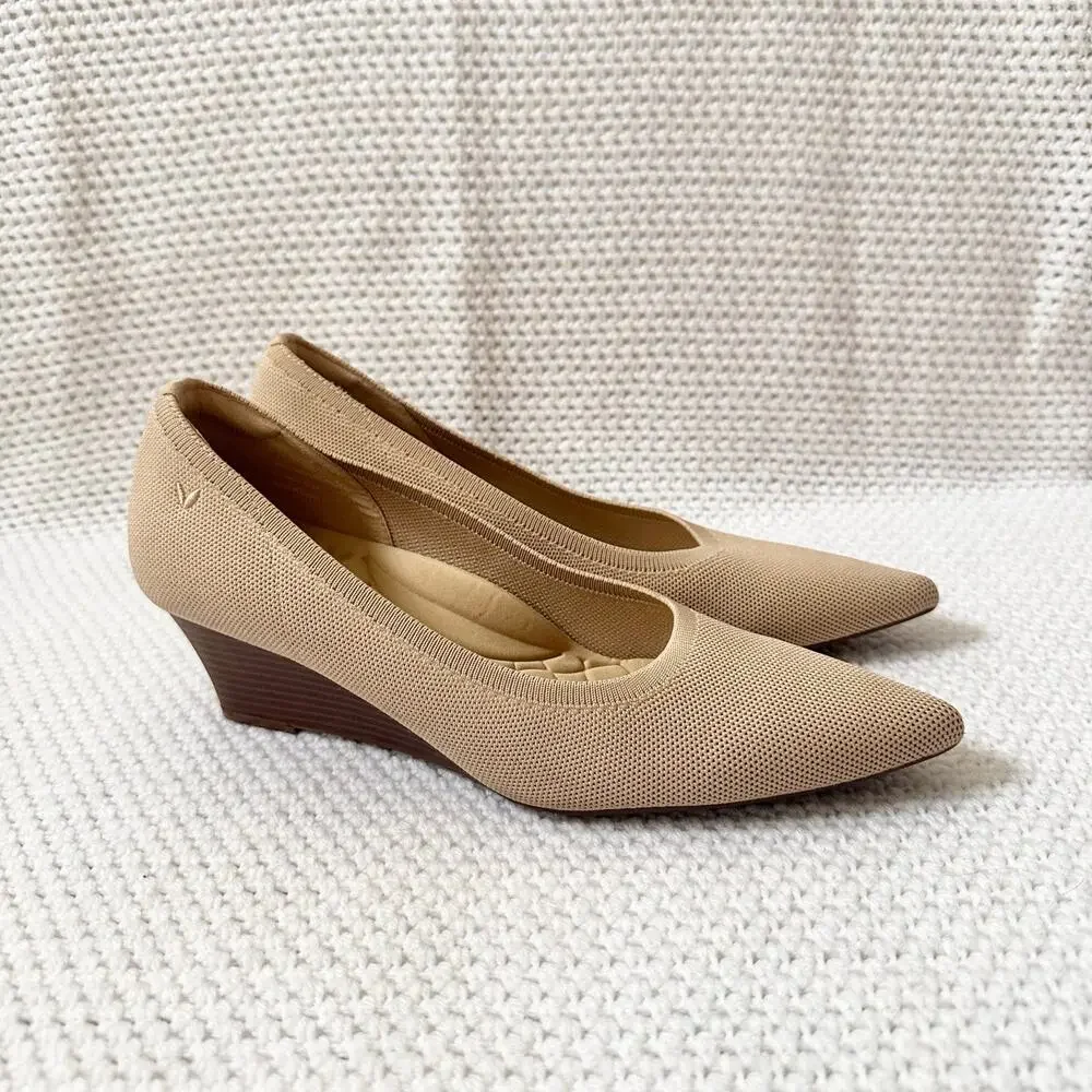 Vivaia Aria Khaki Beige Pointed Wooden Stacked Wedge 2.0 Heel Shoes 43 US 11